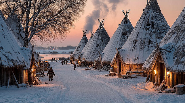 Viking Village at Dawn, Smoke from Longhouses Rising into Cold Air, Children Playing in Snow, Peaceful Daily Life, Cinematic Viking Fantasy