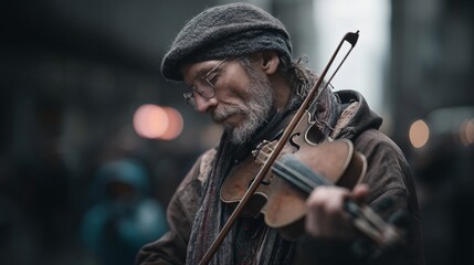 Fototapeta premium Melody of the Streets: A weathered street musician pours his heart into a poignant melody, the violin's music weaving through the bustling city.