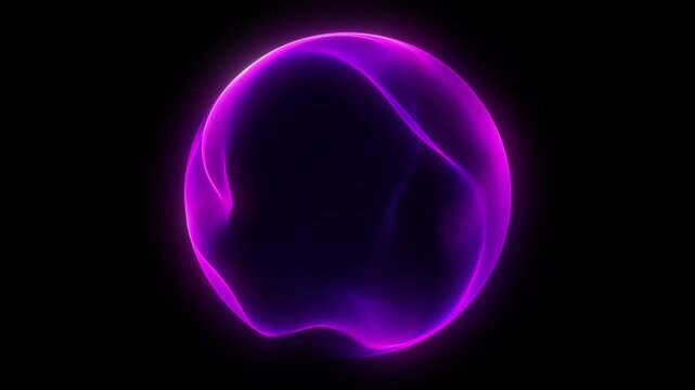 Violet neon flowing sphere with dynamic wave distortion glowing abstract digital orb on dark background futuristic energy shape