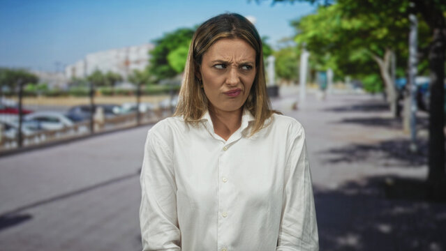 Woman face frowning and pursing lips on a sunny city street wearing white shirt; disgust urban commute.