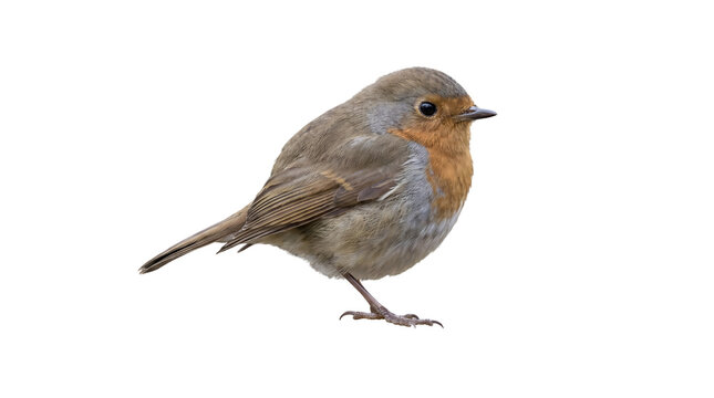 Close-up view of a European robin, a small, charming bird with a distinctive red breast and face, captured against a clean white background, ideal for nature and wildlife photography