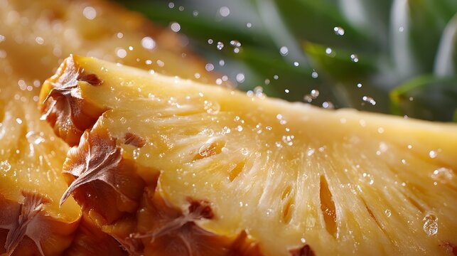 Pineapple rind is peeling back to reveal juicy fruit with droplets on surface