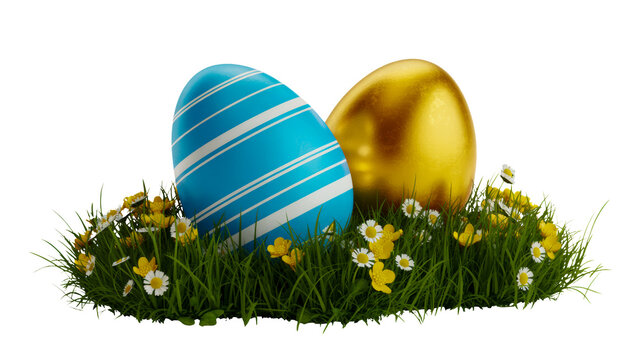 Easter eggs, blue and gold, on grass with flowers, holiday decoration, springtime