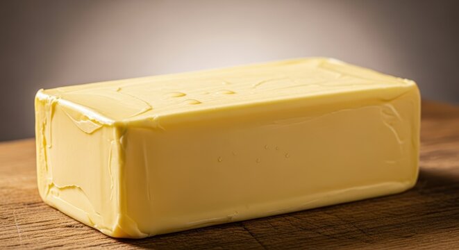 Close up macro view of a large block of creamy, rich golden butter resting on a wooden board ready for baking or spreading on hot bread, block, cube, snack