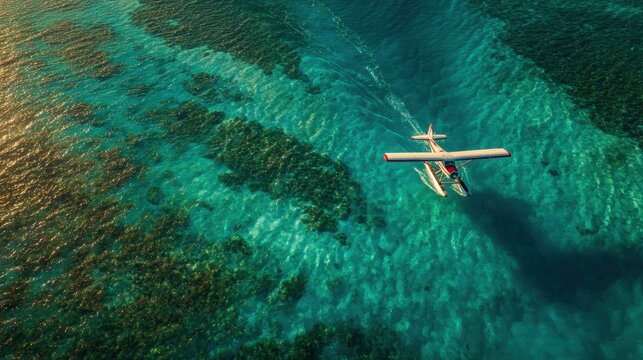 Floatplane aerial top down view flying over turquoise coral reef and shallow tropical water
