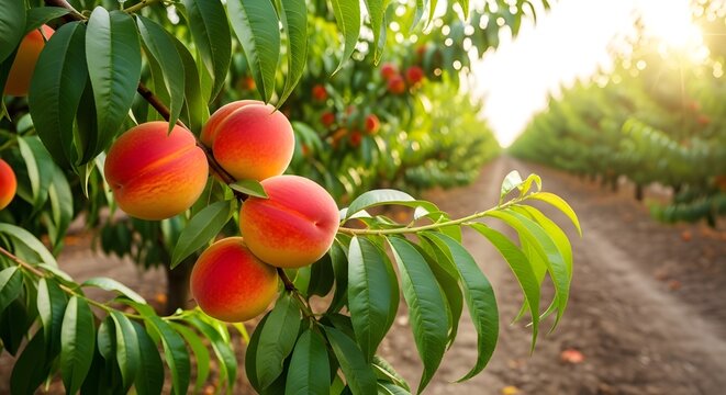 Ripe peaches on tree branch in sunlit orchard rows, warm golden hour light