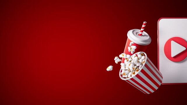 Cinema concept background with popcorn, soda and film reel, copy space for text 2