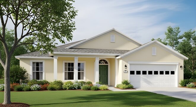 Modern suburban house with manicured lawn and garage, bright daylight