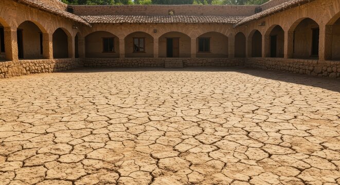 Expansive, sun-baked earth fills a traditional open courtyard, featuring rough, ancient textures and dry, cracked ground, plaza, flat, outdoor