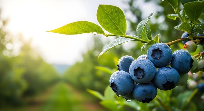 Fresh blueberries on branch with water drops, natural sunlight
