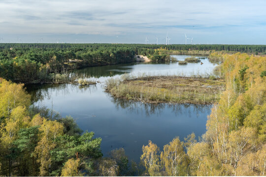 Scenic View (at Lommel - Belgium) of a Calm River Surrounded by Autumn Trees and Wind Turbines in a Natural Landscape