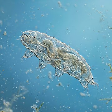 Tardigrade microscopic creature underwater, a resilient water bear swimming in its natural habitat