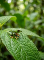 Obraz premium Vibrant red-eyed tree frog perched gracefully on a lush green leaf in a tropical rainforest, showcasing its vivid colors and natural beauty