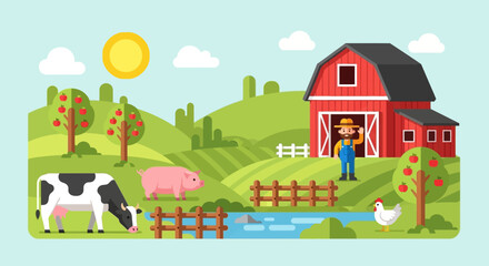 Fototapeta premium Cartoon farm scene with farmer barn animals fields and sunny sky