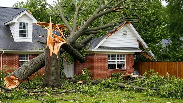 Large tree fallen on house roof after storm damage.