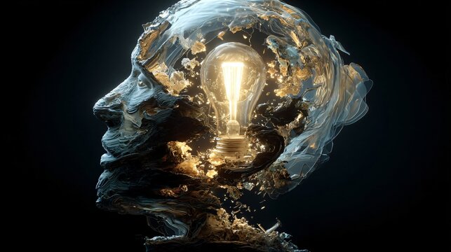 Illuminating Thoughts: An artistic, abstract depiction of the human mind, visualized as a dissolving form with a glowing lightbulb at its core, signifying inspiration and the birth of ideas.