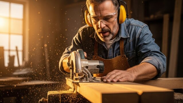 Skilled carpenter uses circular saw in workshop