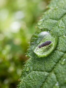 Tiny springtail insect perched on a dewdrop on a green leaf with shallow depth of field