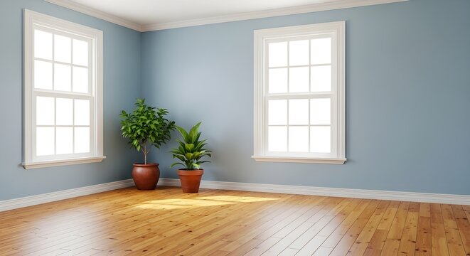 Bright empty room with large windows and potted plants on hardwood floor
