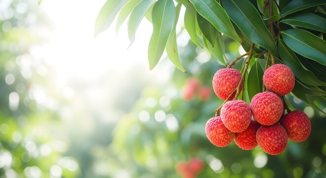 Fresh ripe lychee fruit cluster on tree branch with green leaves in natural sunlight