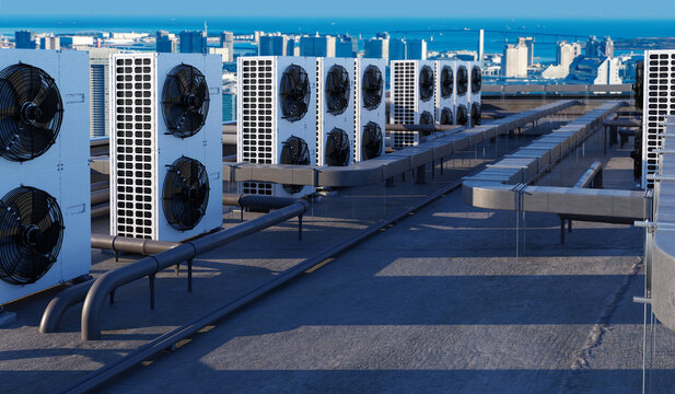 Rooftop HVAC maintenance, air conditioning units and ventilation ducts are installed across a commercial building roof, supporting cooling and climate control systems