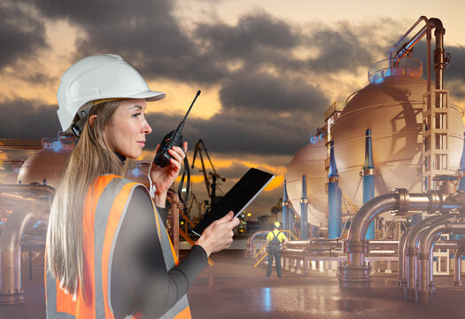 Oil and gas industry, Industrial operations. Female engineer coordinates plant inspection by radio and checks process equipment at refinery site.