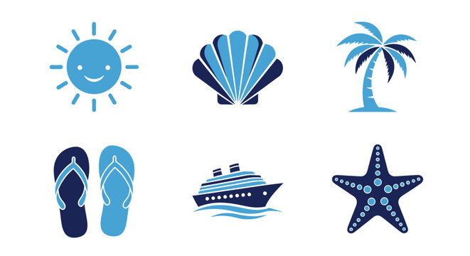 Summer vacation icons sun seashell palm tree flip flops cruise ship starfish