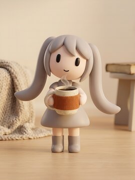 Cute pastel 3D character holding hot coffee mug in cozy home interior, warm morning drink and relaxation concept