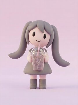Cute pastel 3D character holding iced drink in plastic cup, refreshing summer beverage concept on pink background