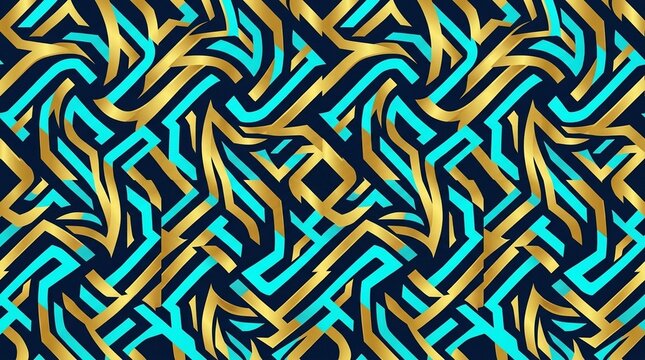 Bar curved interlocking geometric seamless angular abstract pattern tile electric turquoise gold