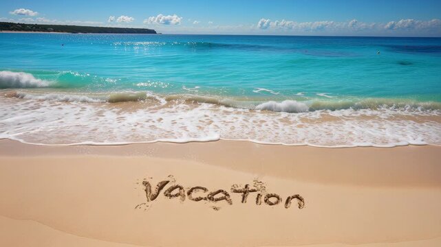 Vacation is written in the wet sand of a pristine tropical beach. Clear blue ocean waves gently flow over the words, then recede back into the sea under bright midday sunlight