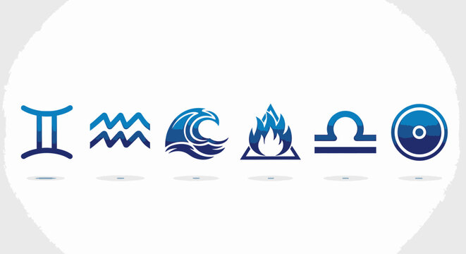 Zodiac signs icons set gemini aquarius waves fire libra symbol