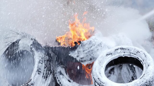 Car tires burning foam extinguishing