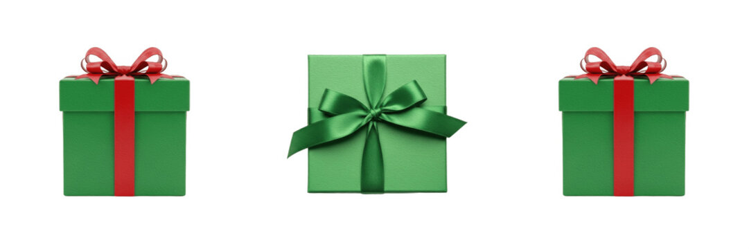 Green Gift Box with Ribbon Bow Isolated for Christmas Birthday and Celebration Decor