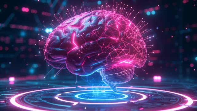A luminous human brain model floats in a digital environment. Pink and blue lights illuminate intricate neural connections
