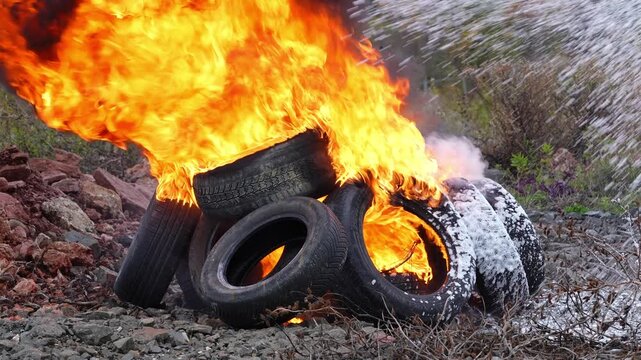 Car tires burning foam extinguishing