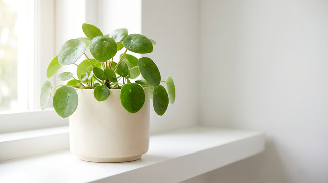 Green pilea plant in a white ceramic pot placed on a bright windowsill, with natural light illuminating the leaves and soft shadows on the surface