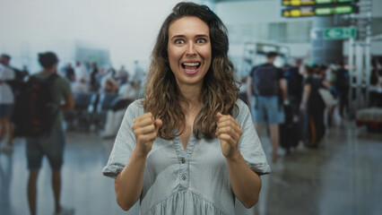 Young hispanic woman smiling and raising fists at a crowded modern airport terminal near departures gate  excitement. © Krakenimages.com