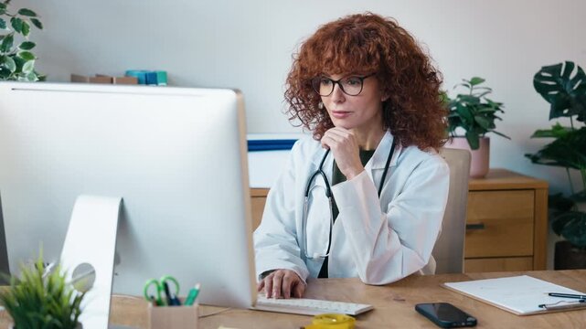 Video of nutritionist woman working with computer in the hospital consultation