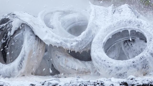 Car tires burning foam extinguishing