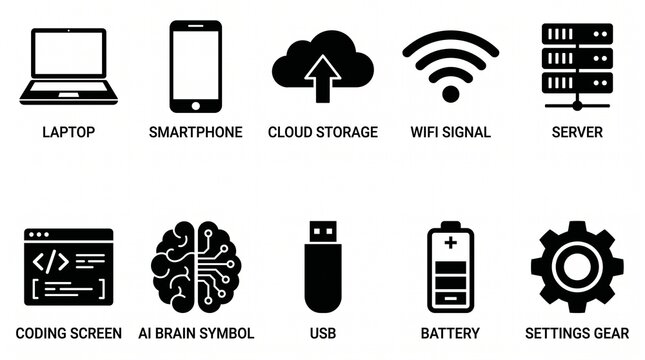 Minimal Technology Icon Set &ndash; Laptop, Smartphone, Cloud Download, WiFi, AI Brain & Server Flat Black Silhouette Vector Pack technology icon set, tech icons vector, minimalist tech icons, black silhoue