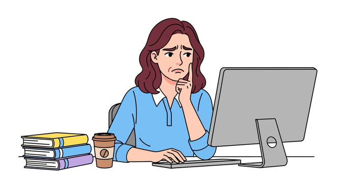 Businesswoman, computer user, office worker, thinking, puzzled, illustration, vector graphics, office setting, woman at desk, stressed employee