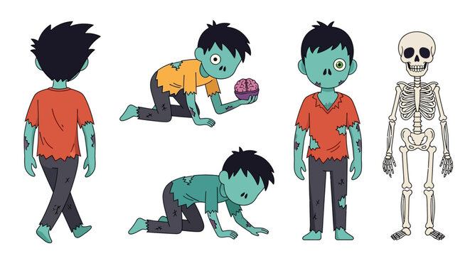 Zombie boy characters, cartoon monsters, green skin, orange shirts, black hair, skeleton, vector illustrations, 5 elements