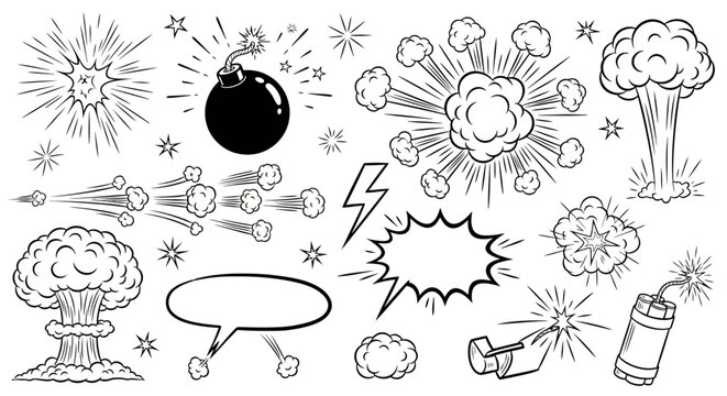 Explosion, bomb, firework vector icons set, 25 elements, black and white illustrations, comic style graphics