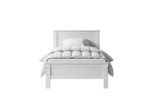 Minimalist white wooden twin bed frame with simple headboard and bedding on a transparent background.