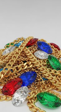A dazzling, excessive pile of thick gold chains and enormous faux gemstones, representing extravagant and pretentious wealth display, pile, exaggerated, glittering