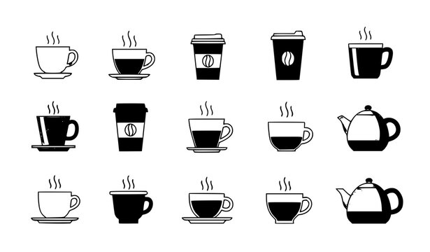 Modern coffee and tea cup icon set with teapot symbols flat vector collection isolated on white background