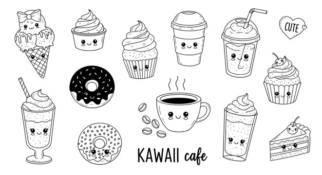 Kawaii cafe, cute food icons, cartoon desserts, sweet treats, vector illustrations