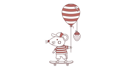 cute mouse on skateboard with red balloon, striped outfit, white background, illustration, vector graphics, kids characters © Adam