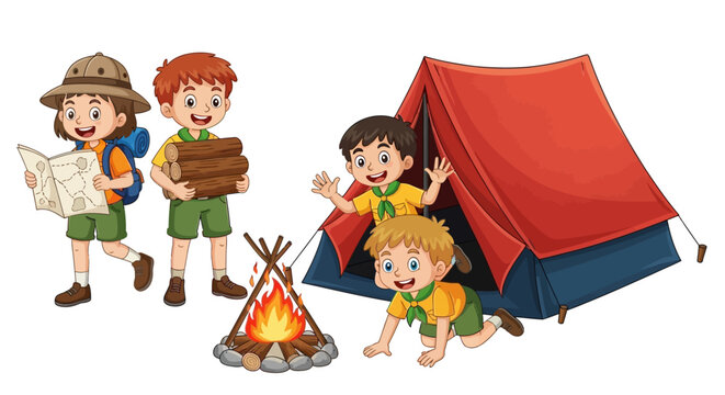 Camping, kids, cartoon illustration, outdoor adventure, fun, colorful characters